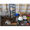 Image 1 : Home Décor Grouping : Photo Frames; Table Lamps; Décor Cage; Wall Mirror w/Hooks; Free Standing Iron