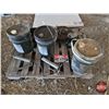 Image 1 : Pallet Lot: Partial Pails of Oil ; Oil Drain Pans; Grease Guns (2); Filter Wrenches