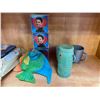 Image 2 : Shelf of Misc - Fish Decor, Hot Tub Filter, Cups, Sandpaper, Movie Prop, Assorted Trophies, Etc.