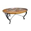 Image 1 : Carved Solid Wood & Iron Round Coffee Table - Glass Centerpiece