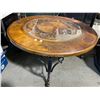 Image 2 : Carved Solid Wood & Iron Round Coffee Table - Glass Centerpiece