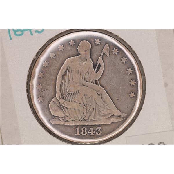 1843 SILVER SEATED LIBERTY US HALF DOLLAR VG