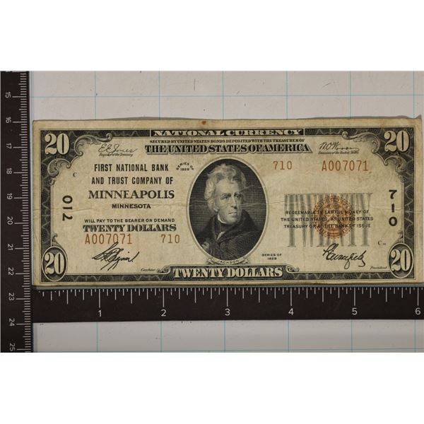 1929 US $20 NATIONAL CURRENCY OF MINNEAPOLIS, MN