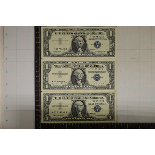 3 AU+ US $1 SILVER CERTIFICATE STAR NOTES: