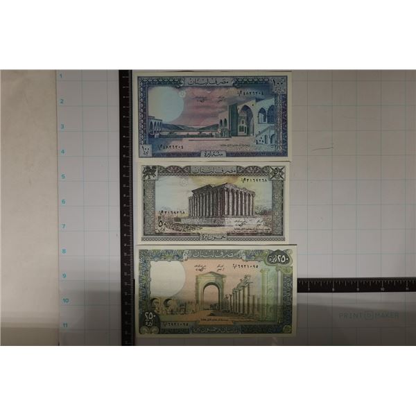 3-CRISP UNC LIBAN BILLS: 100, 50 & 250 LIVRES