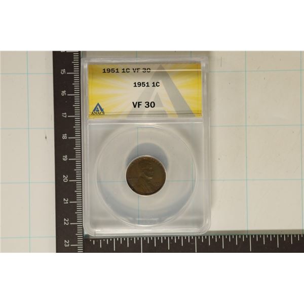 1951 LINCOLN WHEAT CENT ANACS VERY FINE 30