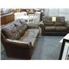 Image 1 : Brown Leather Overstuffed Sofa And Loveseat