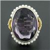Image 2 : Antique 10K TT Gold Oval Bezel Purple Stone Seed Pearl Halo & Open Filigree Ring