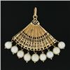Image 2 : Vintage 14k Yellow Gold Detailed Open Work Fan w/ 5mm Pearl Dangle Charm Pendant