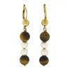 Image 1 : Vintage 10K Yellow Gold 7mm Round Bead Tiger's Eye & Pearls Drop Dangle Earrings