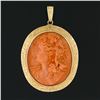 Image 2 : Vintage 14k Gold Bezel Oval Carved Coral Cameo w/ Hand Engraved Frame Pendant