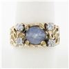 Image 1 : Unisex Vintage 14K Yellow Gold Oval Cabochon Star Sapphire & Diamond Nugget Ring