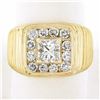 Image 2 : Men's Ribbed 14K Gold 1.91 ctw GIA Princess Cut Diamond Solitaire & Halo Ring