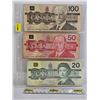 Image 1 : Canada Bills (3):  - $100 Bill 1988 : Thiessen/Crow #AJN6217119 - $50 Bill 1988 : Thiessen/Crow #FHK