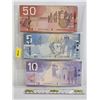 Image 1 : Canada Bills (3):  - 2004 $50 : Jenkins/Dodge : #AHE5271673 - 2006 $5 : Jenkins/Carney : #AAJ1744715