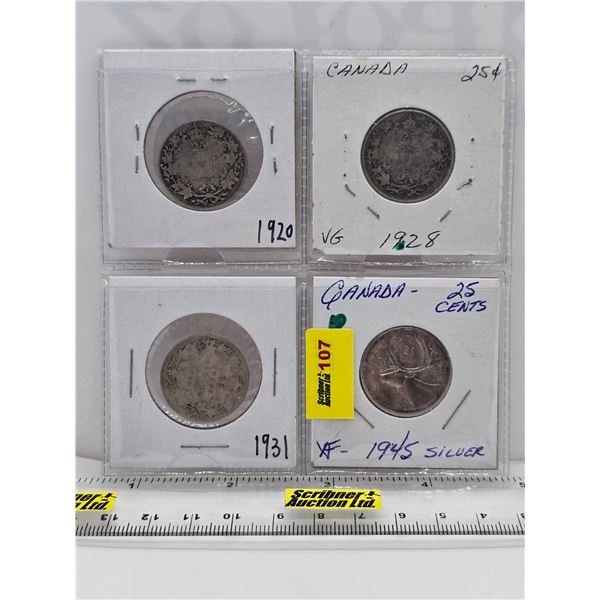 Canada Twenty Five Cent (4): 1920; 1928; 1931; 1945  (SEE PICS!)  (Listing & Descriptions are a GUID