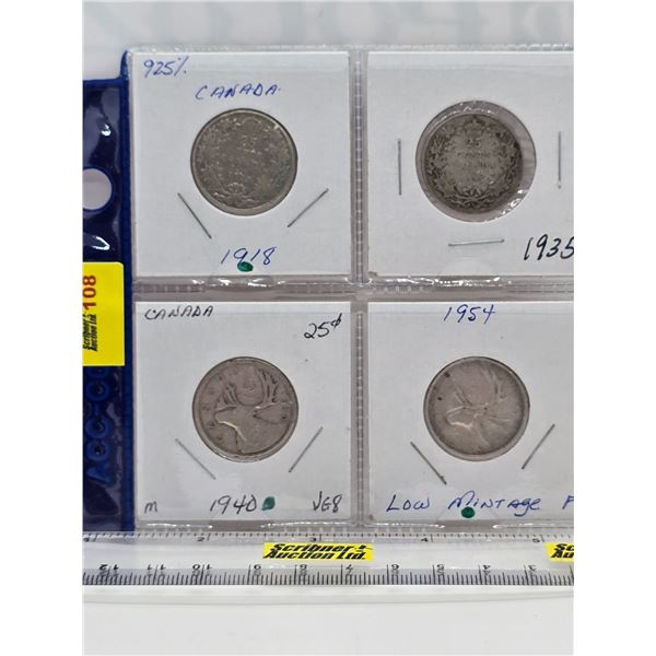 Canada Twenty Five Cent (4): 1918; 1935; 1940; 1954  (SEE PICS!)  (Listing & Descriptions are a GUID