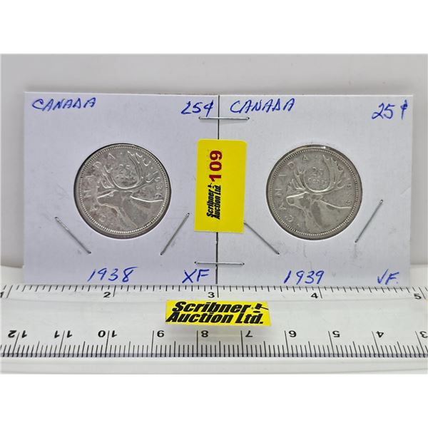 Canada Twenty Five Cent (2): 1938; 1939  (SEE PICS!)  (Listing & Descriptions are a GUIDE ONLY and a