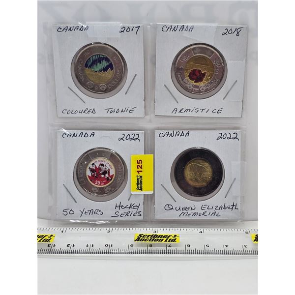 Canada Toonies (4): - 2017 Colored "Dance" - 2018 Colored "Armistice" - 2022 Colored "50 Yrs Summit 