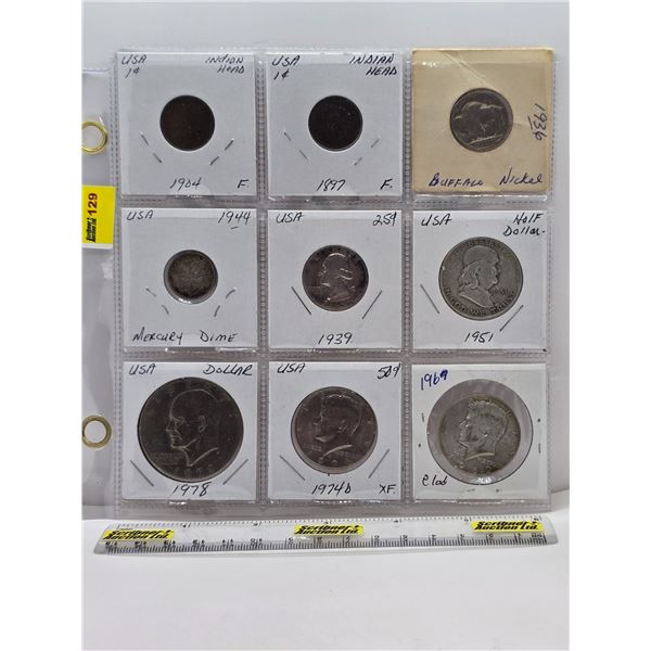 USA Coin Collection (9 Coins) : - One Cent (2) : 1904; 1897 - Five Cent (1) : 1936 - Ten Cent (1) : 