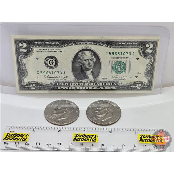 USA Coins / Bills : - 1976 $2 Bill : #G59681070A - 1974 One Dollar Coins (2) (SEE PICS!)  (Listing &