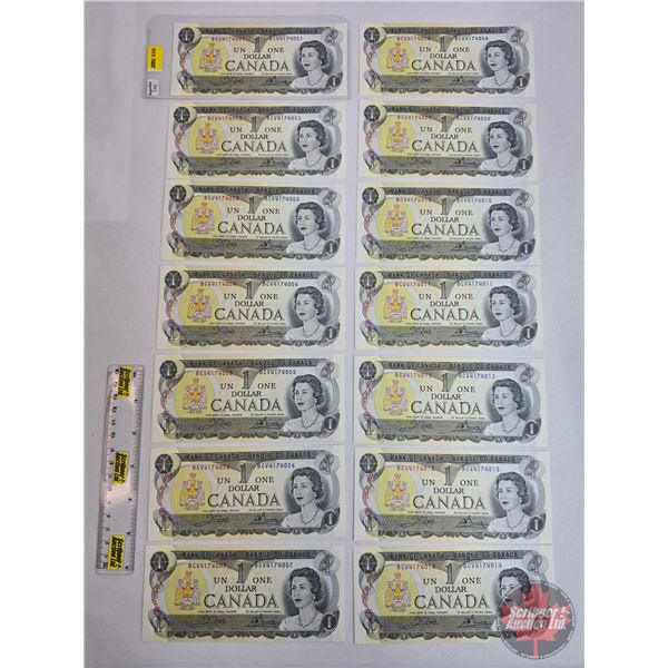 Canada $1 Bills 1973 (14 Consecutive): Crow/Bouey #BCV4174001-4014 (See Pics for Varieties, Conditio