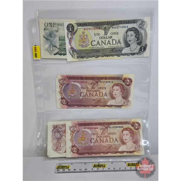 Canada $1 & $2 Bills (5) : - 1973 : Crow/Bouey #BAH2710063 - 1973 : Lawson/Bouey #AC9609482 - 1974 :