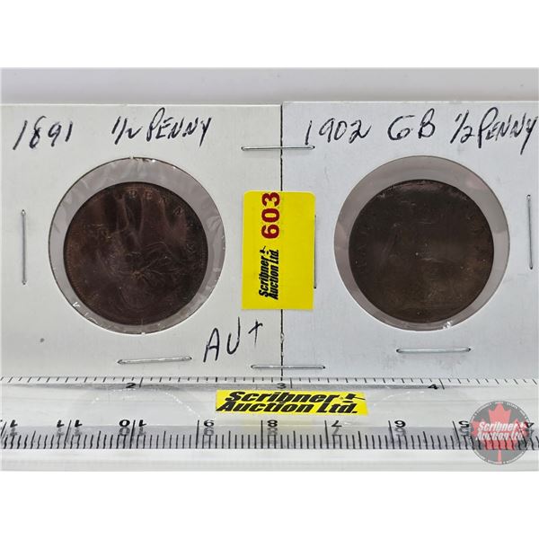 Great Britain Half Pennies (2): 1891; 1902 (SEE PICS!)  (Listing & Descriptions are a GUIDE ONLY and