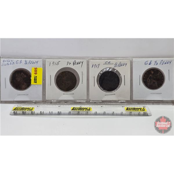 Great Britain Half Pennies (4): 1915; 1917 ; ?? ; ?? (SEE PICS!)  (Listing & Descriptions are a GUID