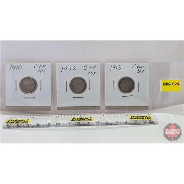 Canada Ten Cent (3) : 1910; 1912; 1913 (SEE PICS!)  (Listing & Descriptions are a GUIDE ONLY and are