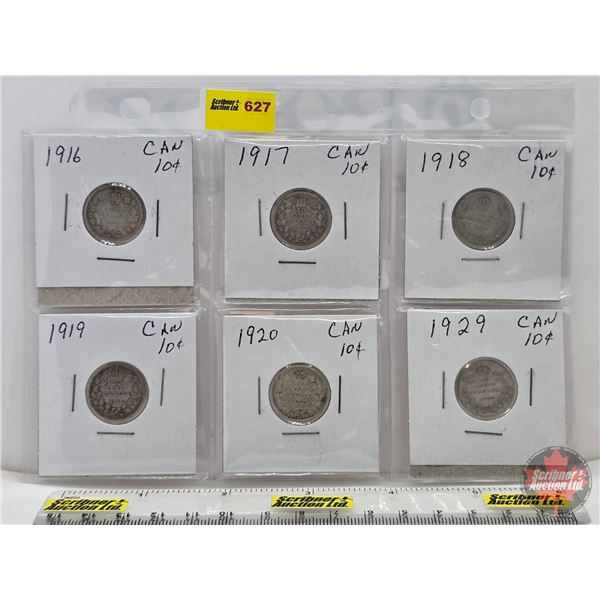 Canada Ten Cent (6) : 1916; 1917; 1918; 1919; 1920; 1929 (SEE PICS!)  (Listing & Descriptions are a 