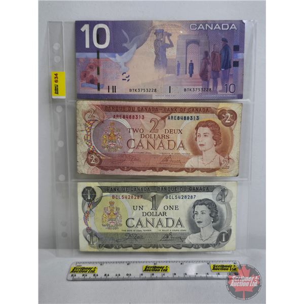 Canada Bills (3): - 1973 $1 : Crow/Bouey #BCL5428287 - 1974 $2 : Crow/Bouey #ARE8488313 - 2005 $10 :