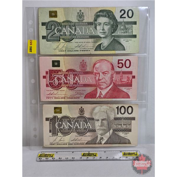 Canada Bills (3): - 1991 $20 : Bonin/Thiessen #EVT3729190 - 1988 $50 : Thiessen/Crow #FHD1055841 - 1