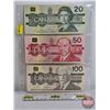 Image 1 : Canada Bills (3): - 1991 $20 : Bonin/Thiessen #EVT3729190 - 1988 $50 : Thiessen/Crow #FHD1055841 - 1