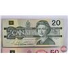 Image 2 : Canada Bills (3): - 1991 $20 : Bonin/Thiessen #EVT3729190 - 1988 $50 : Thiessen/Crow #FHD1055841 - 1