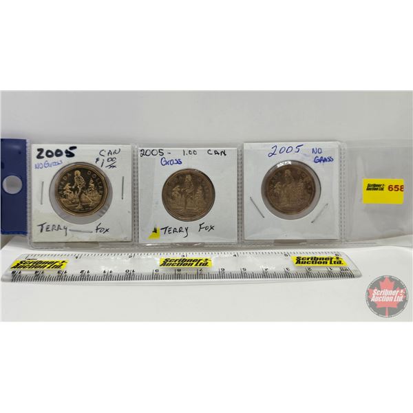 Canada Loonies (3): 2005 Terry Fox ~ No Grass ; 2005 Terry Fox ~ Grass ; 2005 Terry Fox ~ No Grass (