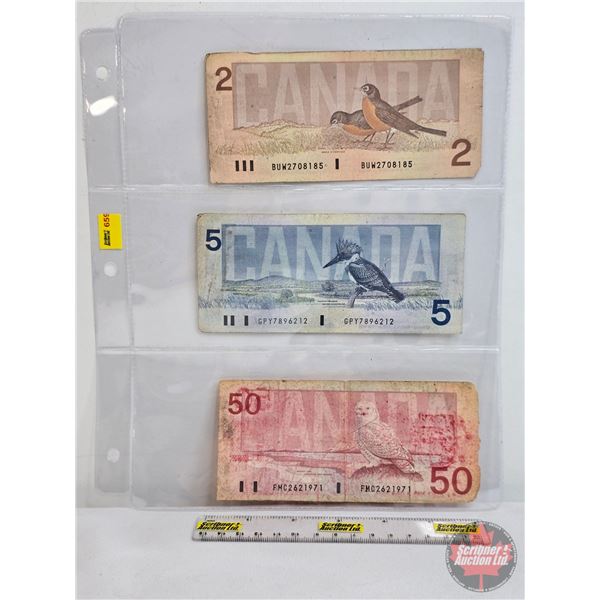 Canada Bills (3): - 1986 $2 : Thiessen/Crow #BUW2708185 - 1986 $5 : Knight/Dodge #GPY7896212 - 1988 