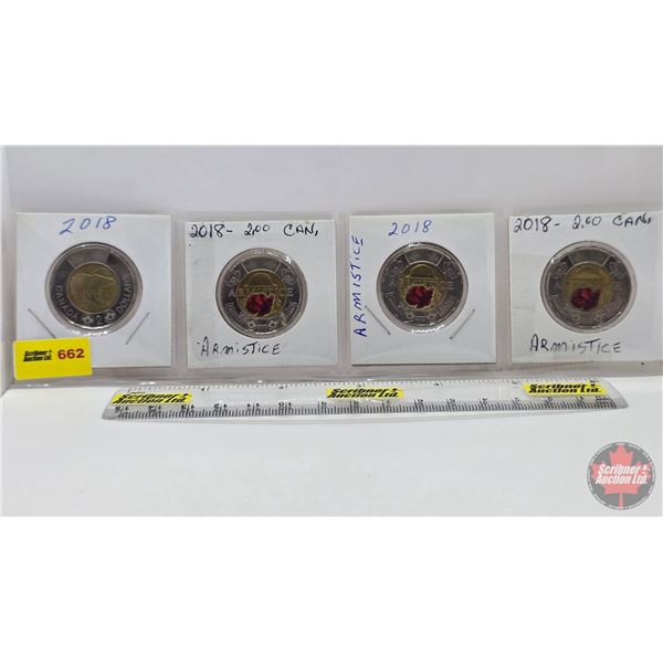 Canada Toonies (4): 2018 Armistice Colorized (3) ; 2018 (SEE PICS!)  (Listing & Descriptions are a G