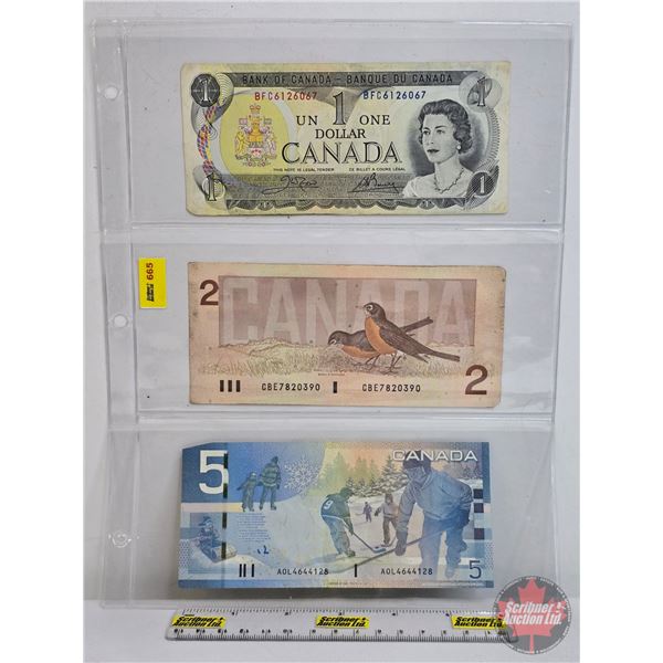 Canada Bills (3): - 1973 $1 : Crow/Bouey #BFC6126067 - 1986 $2 : Thiessen/Crow #CBE7820390 - 2006 $5