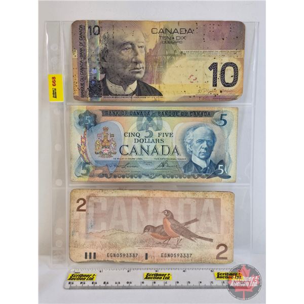 Canada Bills (3): - 2005 $10 : Jenkins/Dodge #BTJ4177930 - 1979 $5 : Lawson/Bouey #30247487572 - 198