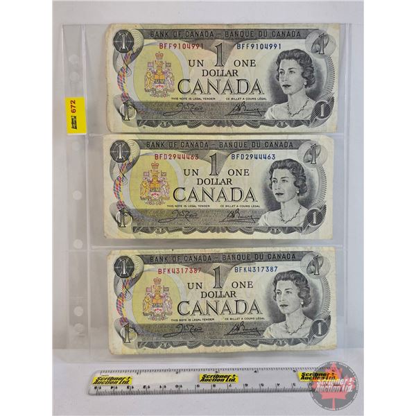 Canada $1 Bills 1973 (3): - Crow/Bouey #BFF9104991 - Crow/Bouey #BFD2944463 - Crow/Bouey #BFK4317387