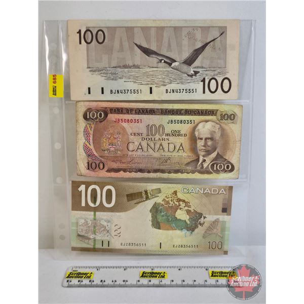 Canada $100 Bills (3): - 1988 : Knight/Thiessen #BJN4375551 - 1975 : Lawson/Bouey #JB5080351 - 2004 