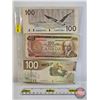 Image 1 : Canada $100 Bills (3): - 1988 : Knight/Thiessen #BJN4375551 - 1975 : Lawson/Bouey #JB5080351 - 2004 