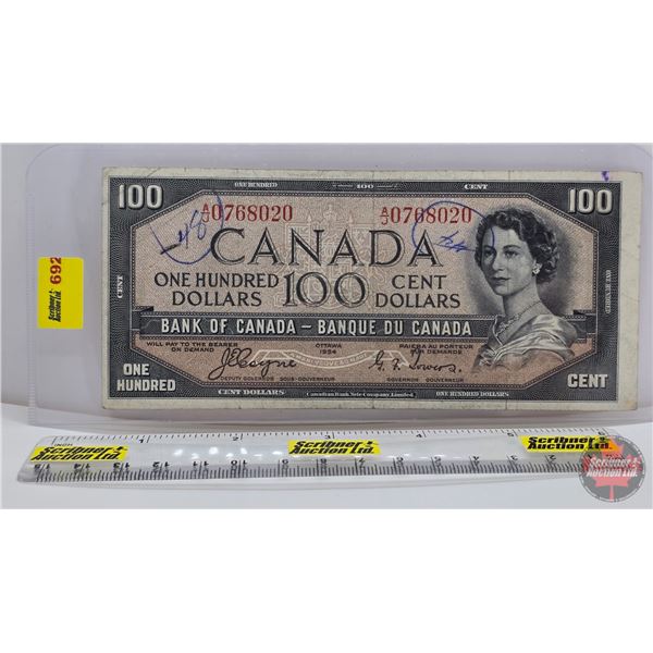 Canada $100 Bill 1954DF "Devil's Face" : Coyne/Towers #AJ0768020 (See Pics for Varieties, Conditions