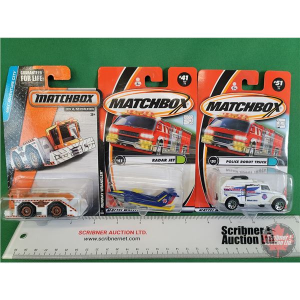 Matchbox (3) : (c.2000/2014 Mattel) - Runway Wrangler - Radar Jet - Police Robot Truck  (SEE PICS!)