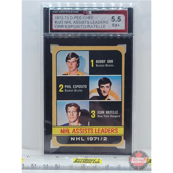 1972-73 O-Pee-Chee #283 NHL Assists Leaders Orr/Esposito/Ratelle (Certified KSA 5.5 EX+)