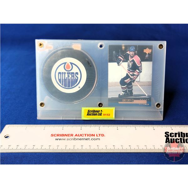 1999 Upper Deck #6 Wayne Gretzky Oilers Collector Card & Oilers Puck (In Display Case)