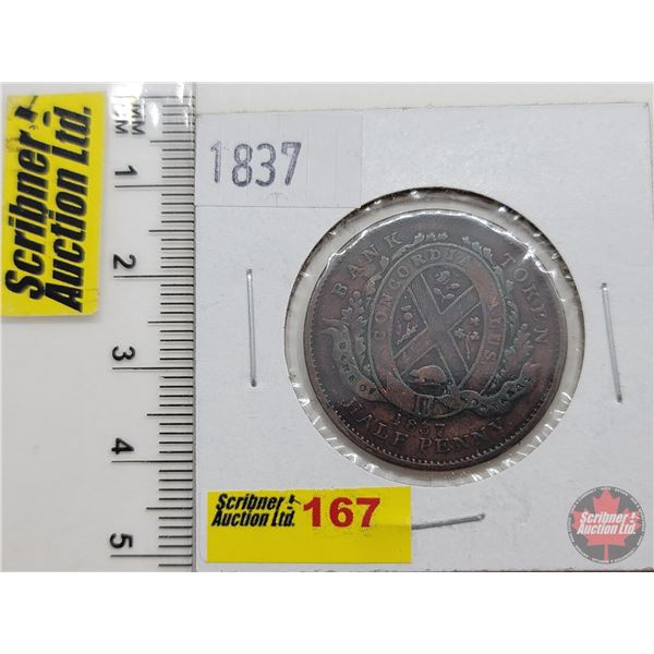 Province du bas Canada : Un Sou : 1837 Half Penny Bank Token "Bank of Montreal" Ribbon (SEE PICS!)