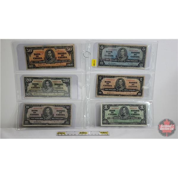 Bank of Canada 1937 Bills (6): - $50 : Gordon/Towers #BH2553052 - $20 : Gordon/Towers #EE6353284 - $