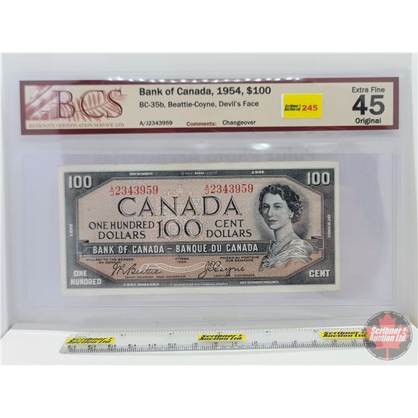 Canada $100 Bill 1954DF "Devil's Face" : Beattie/Coyne #AJ2343959 (BCS Cert: Extra Fine 45 Original)